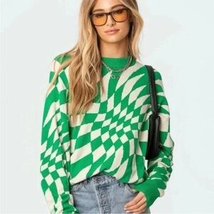 Edikted Green and White Checkered Sweater